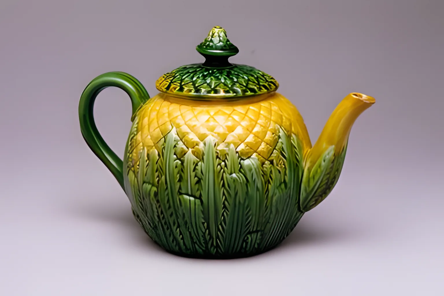 The same pineapple teapot after 4× AI upscaling, with sharp diamonds and leaves