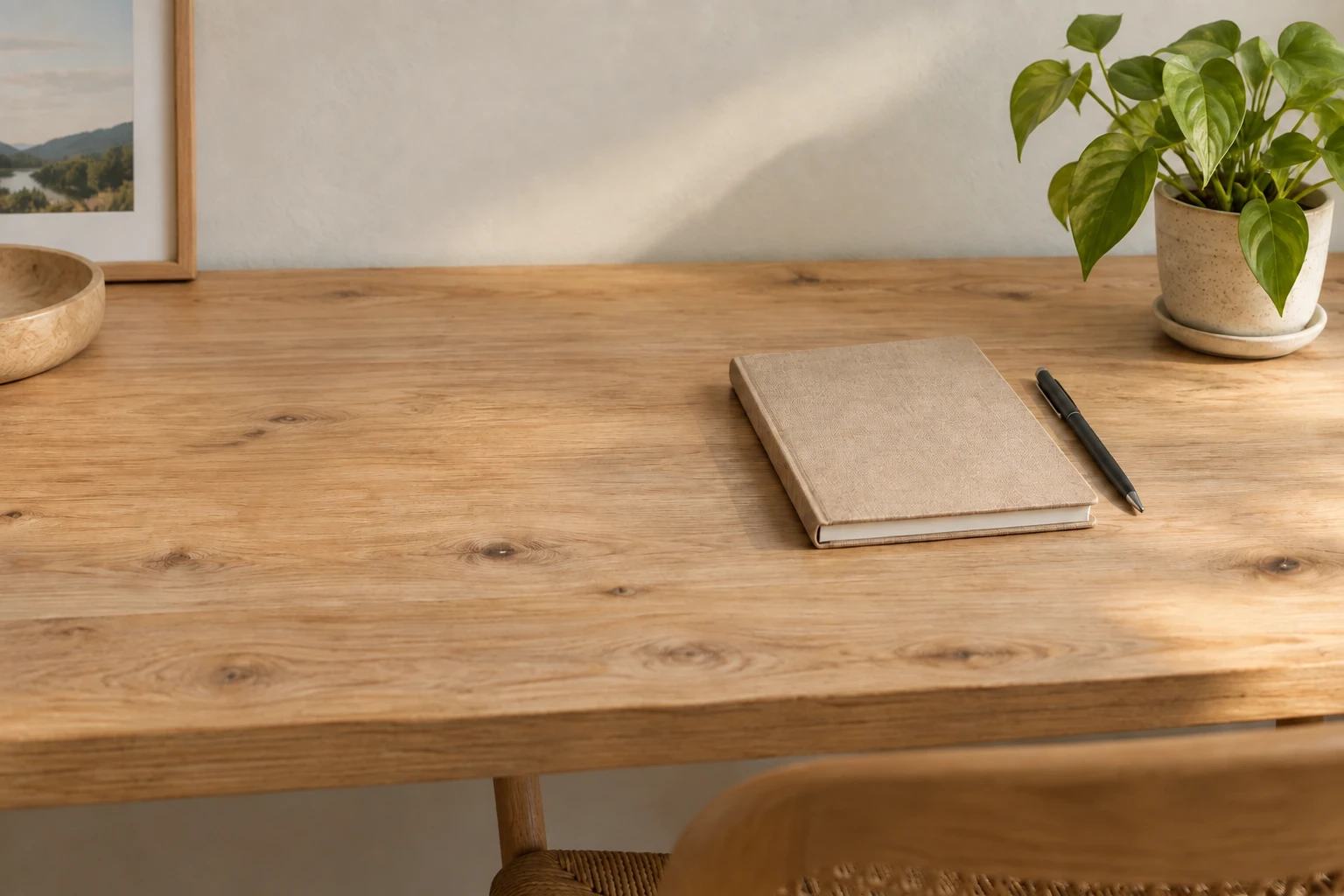 Wooden desk with the red cup removed and the notebook and plant remaining
