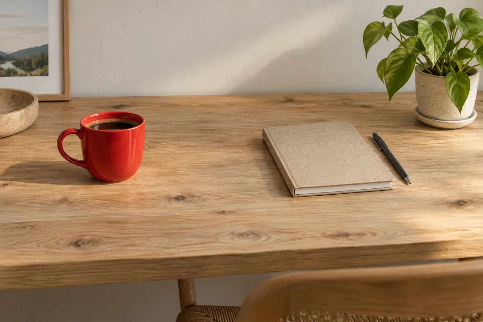Red coffee cup on the left of a wooden desk with a notebook and plant
