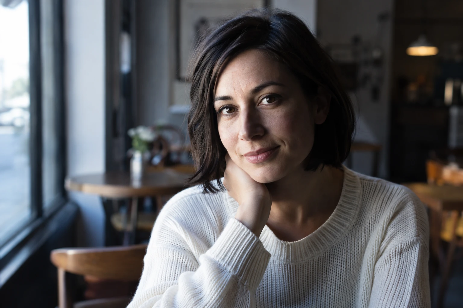 Woman with a dark bob in a cafe, lit by cool side light