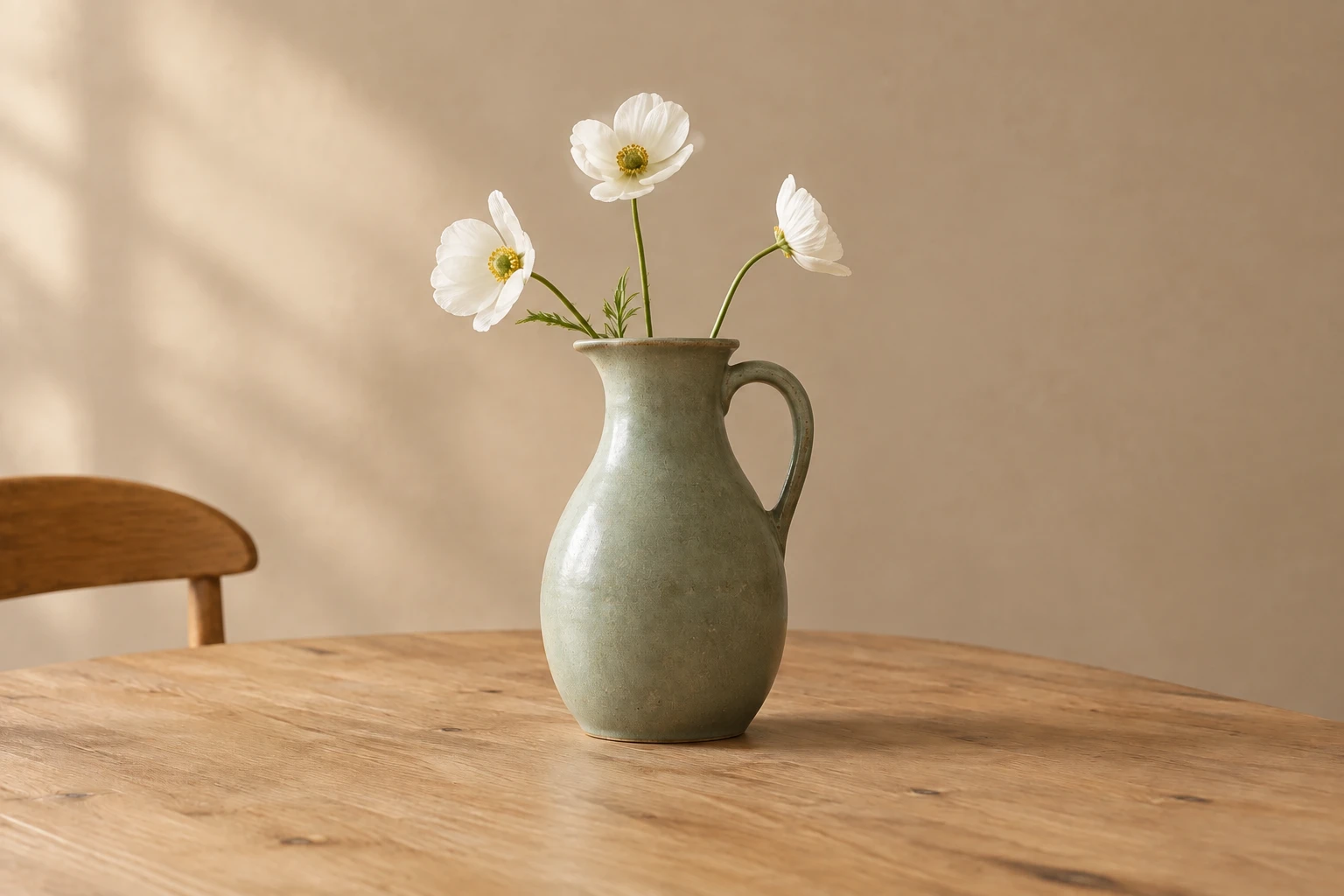 Green vase and white flowers against a warm beige studio background