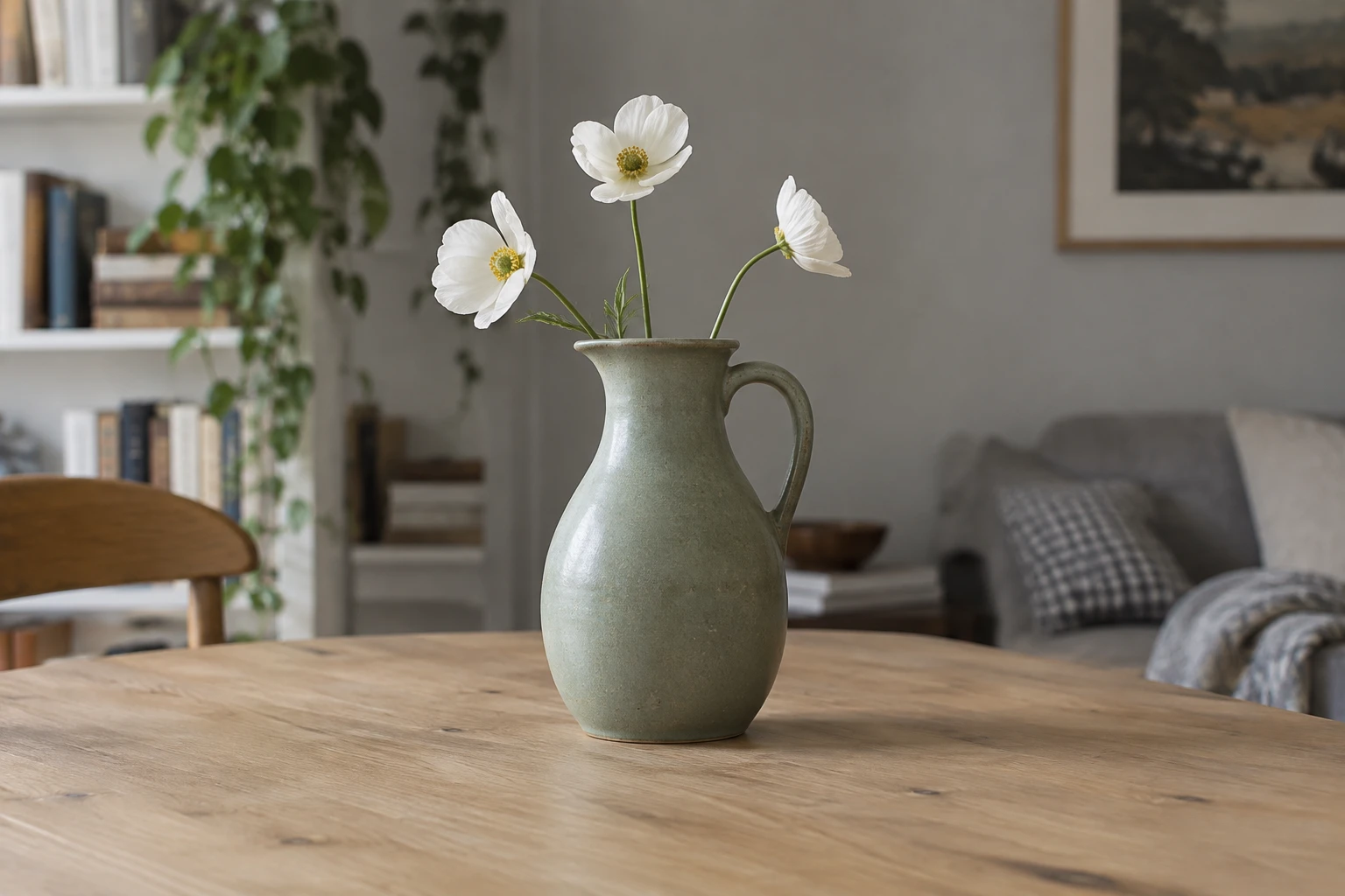 Green ceramic vase with white flowers on a wooden table in a living room