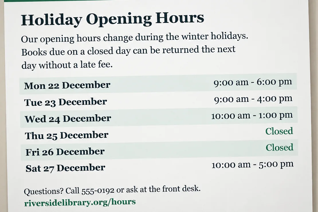 The library notice after unblurring, with sharp days, times and contact details