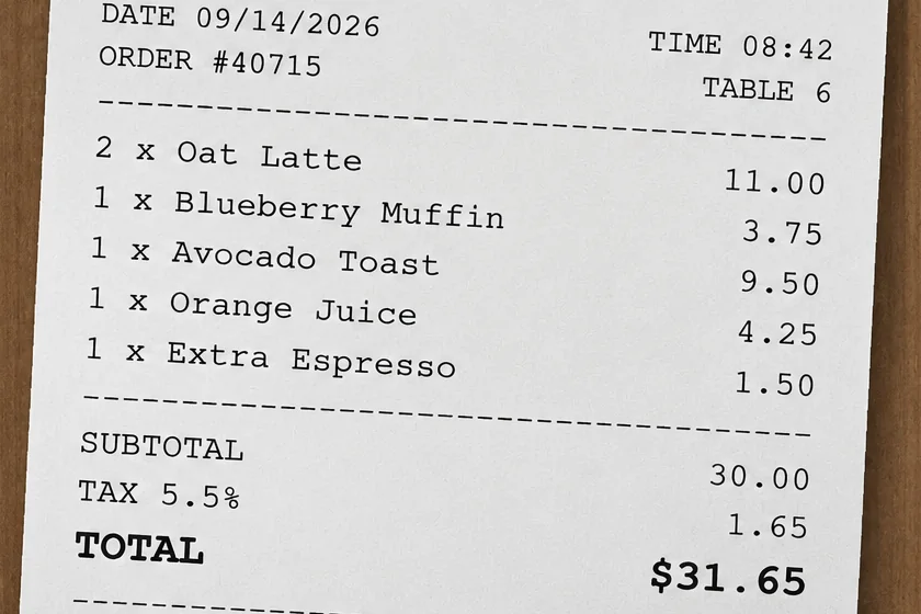 The same receipt after unblurring, with a clear date, item list and prices